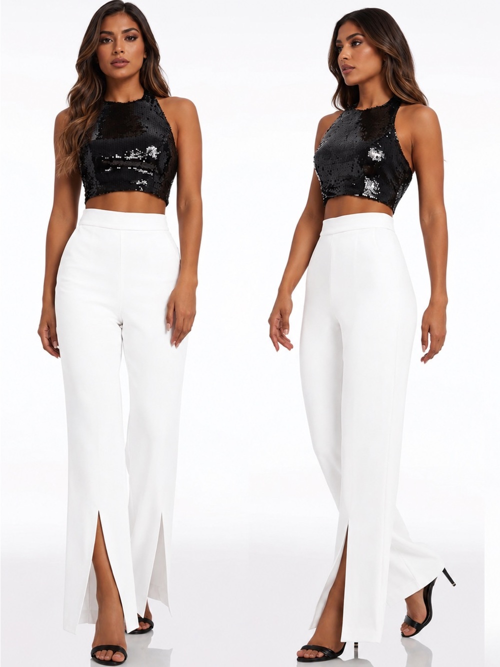 NWT DRESS THE POPULATION Ashton Off White Wide Leg Slit Hem Pants M